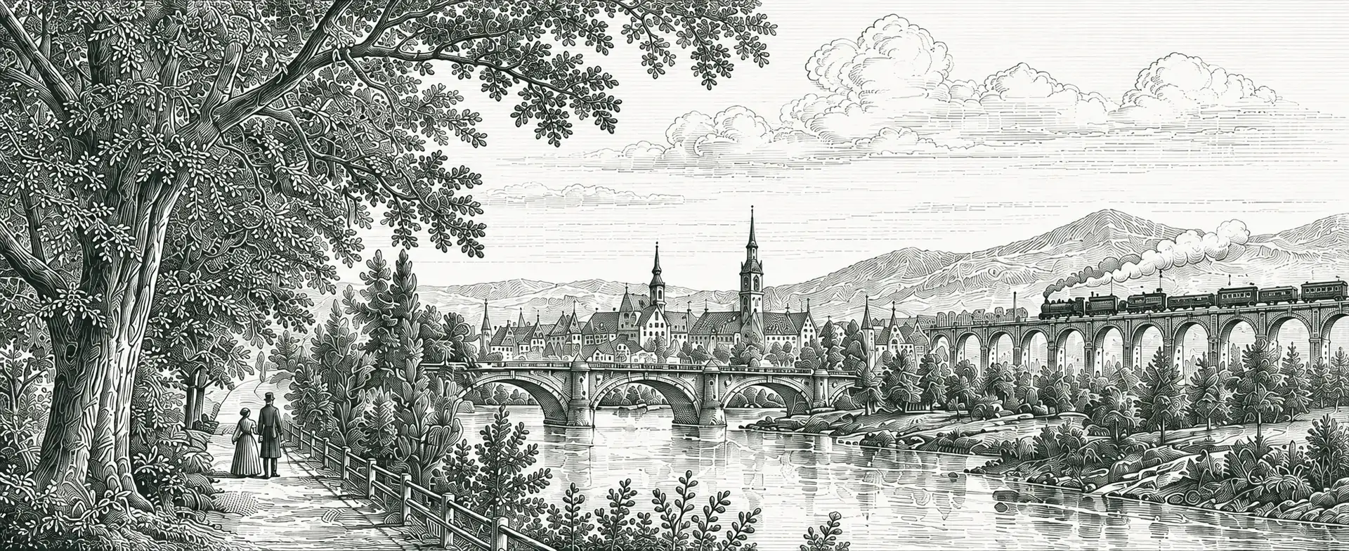 Landschaftsstich mit Fluss, Altstadt und Steinbrücke; im Hintergrund fährt ein Dampfzug über einen Viadukt.